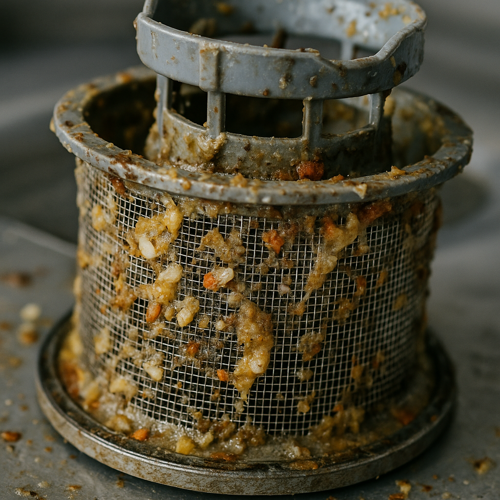 A clogged dishwasher filter: food residue and debris build-up.
