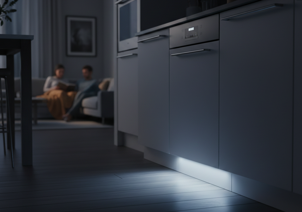 A dishwasher around the low-40s dB can usually run in an open-plan kitchen without disturbing the evening.