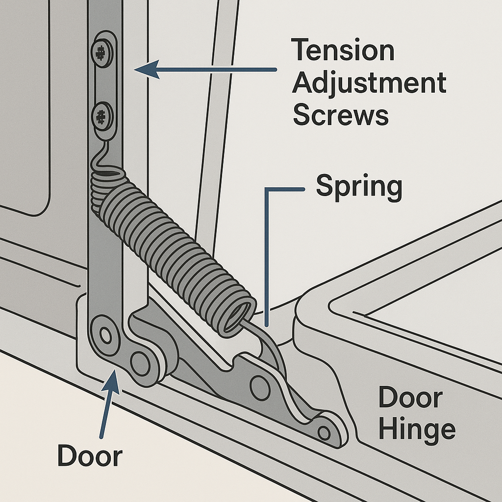 Close-up illustration of adjusting dishwasher door spring tension screws