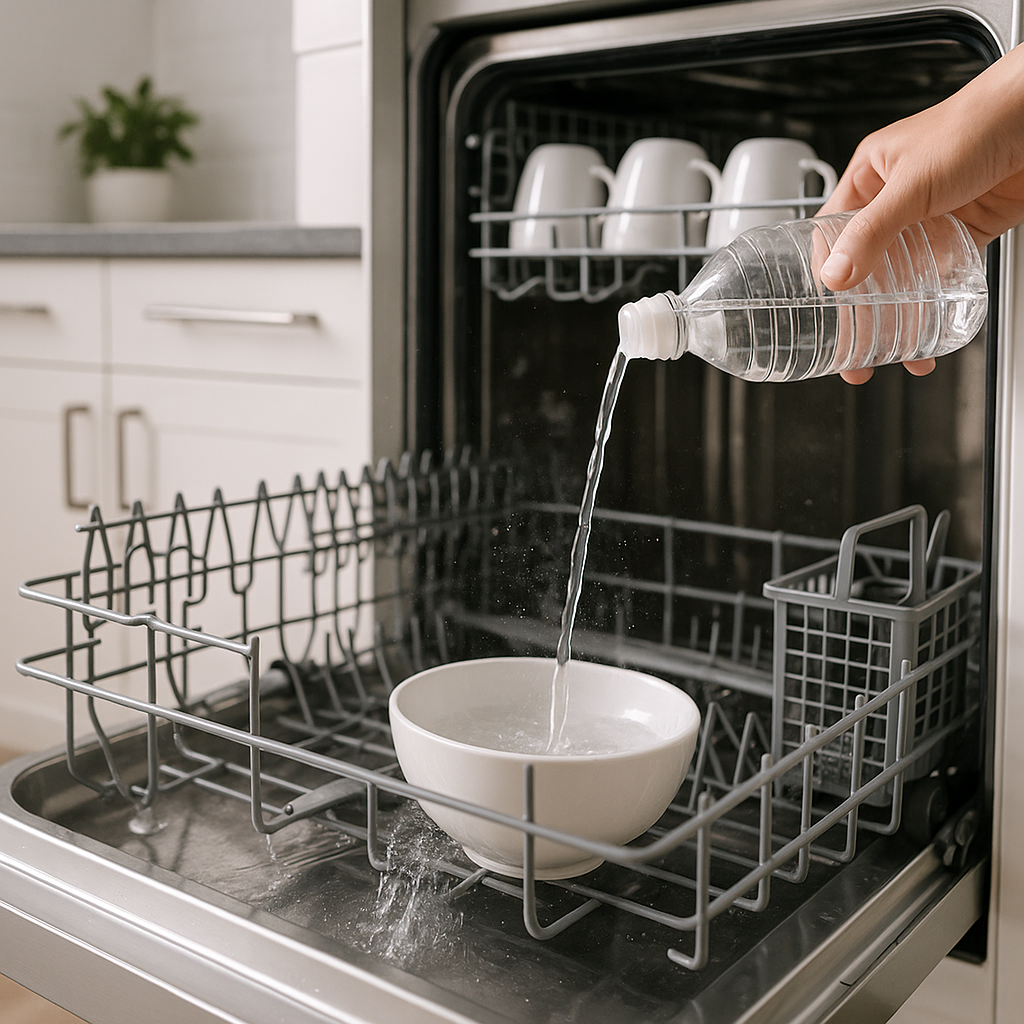 Bowl of white vinegar placed in dishwasher for deep cleaning cycle
