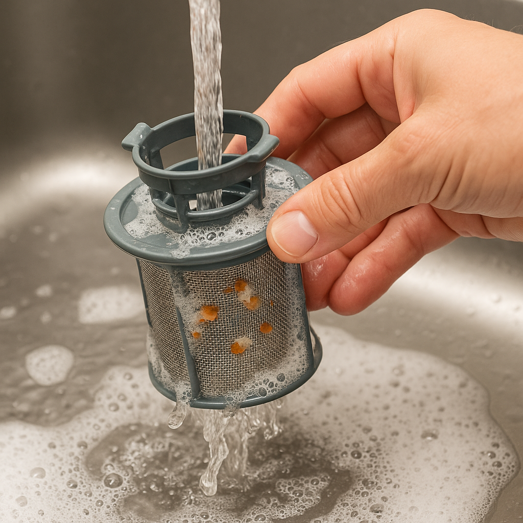 Hand cleaning a dishwasher filter basket