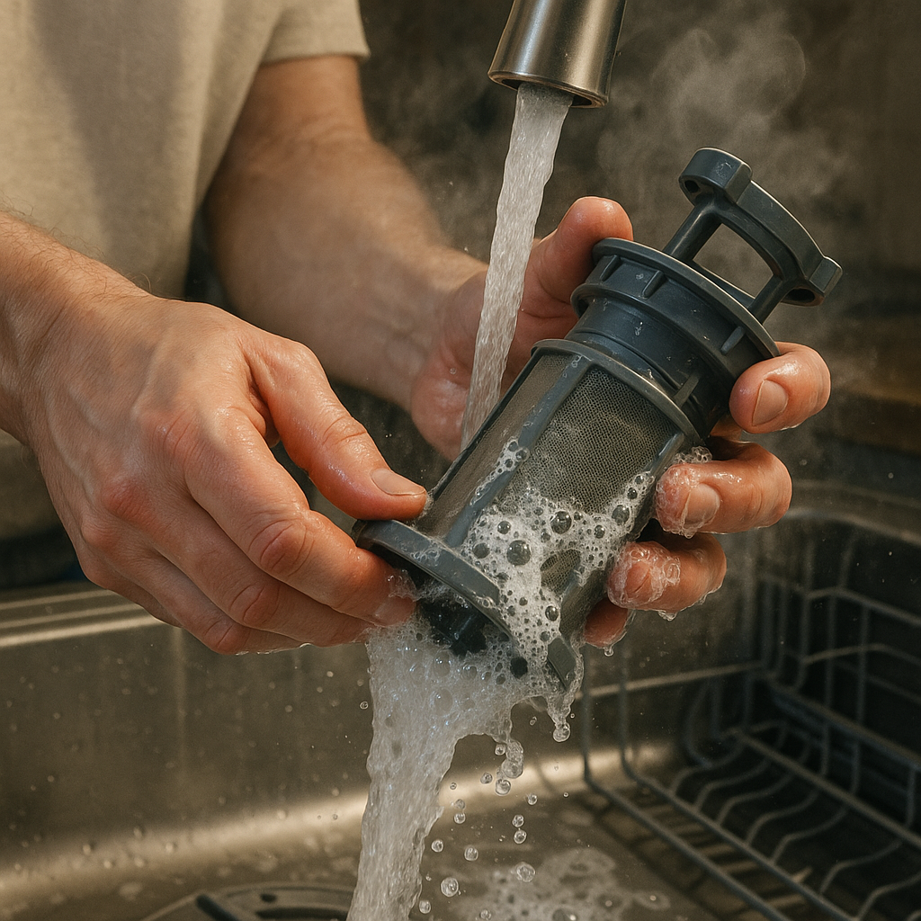 Cleaning a dishwasher filter under hot water to remove debris