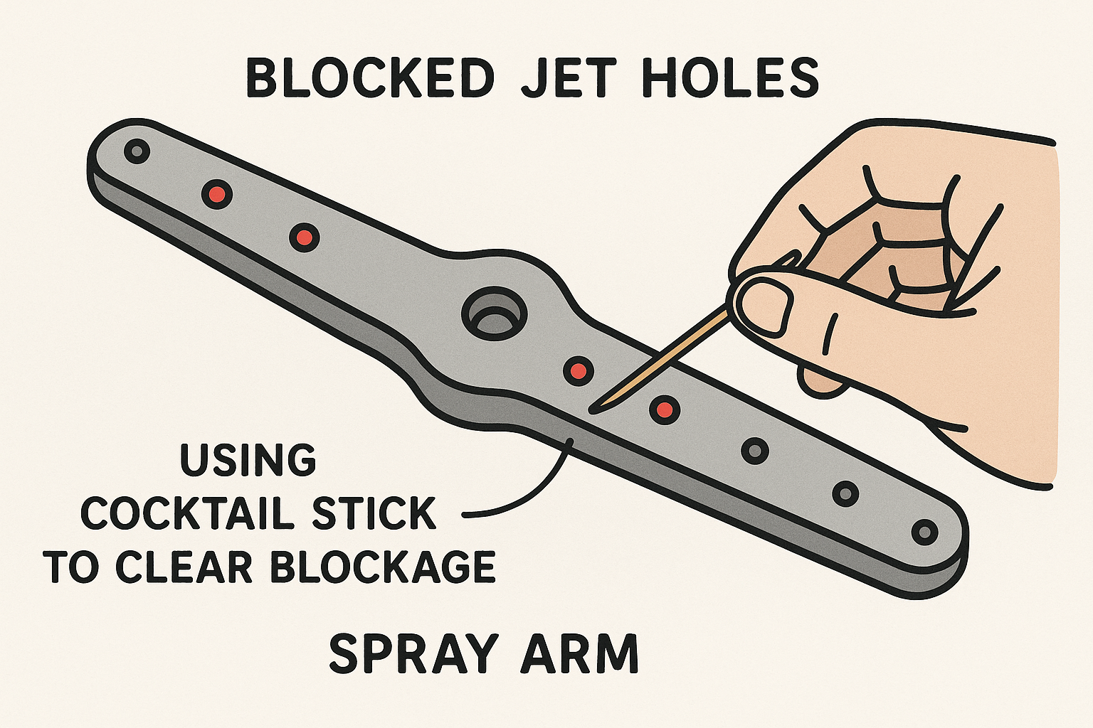 Ensure spray arms rotate freely and holes are clear.