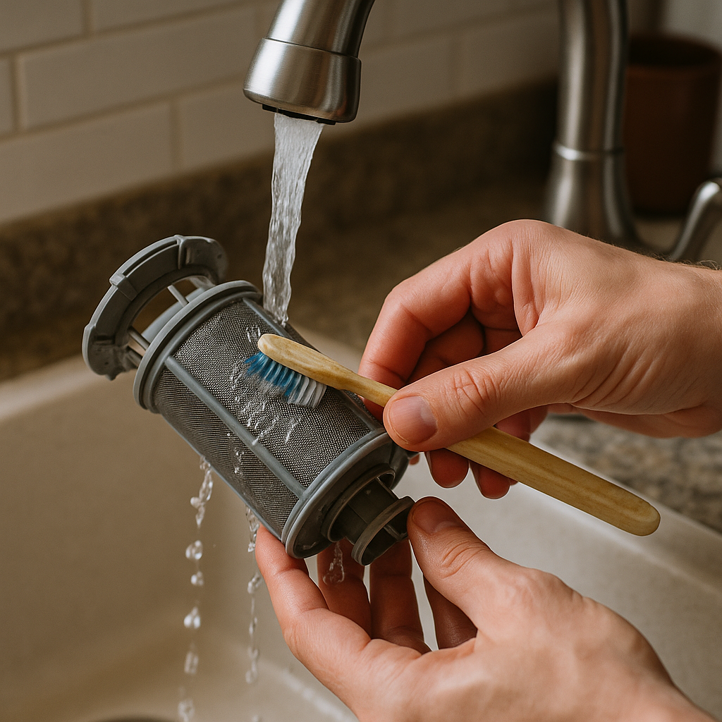 Cleaning dishwasher filter with a soft brush