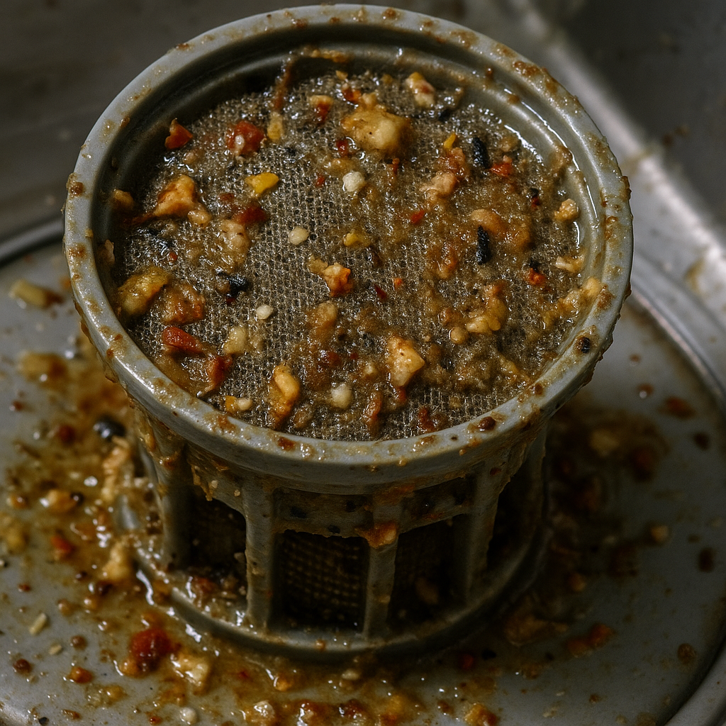 A dirty dishwasher filter showing accumulated food particles and debris