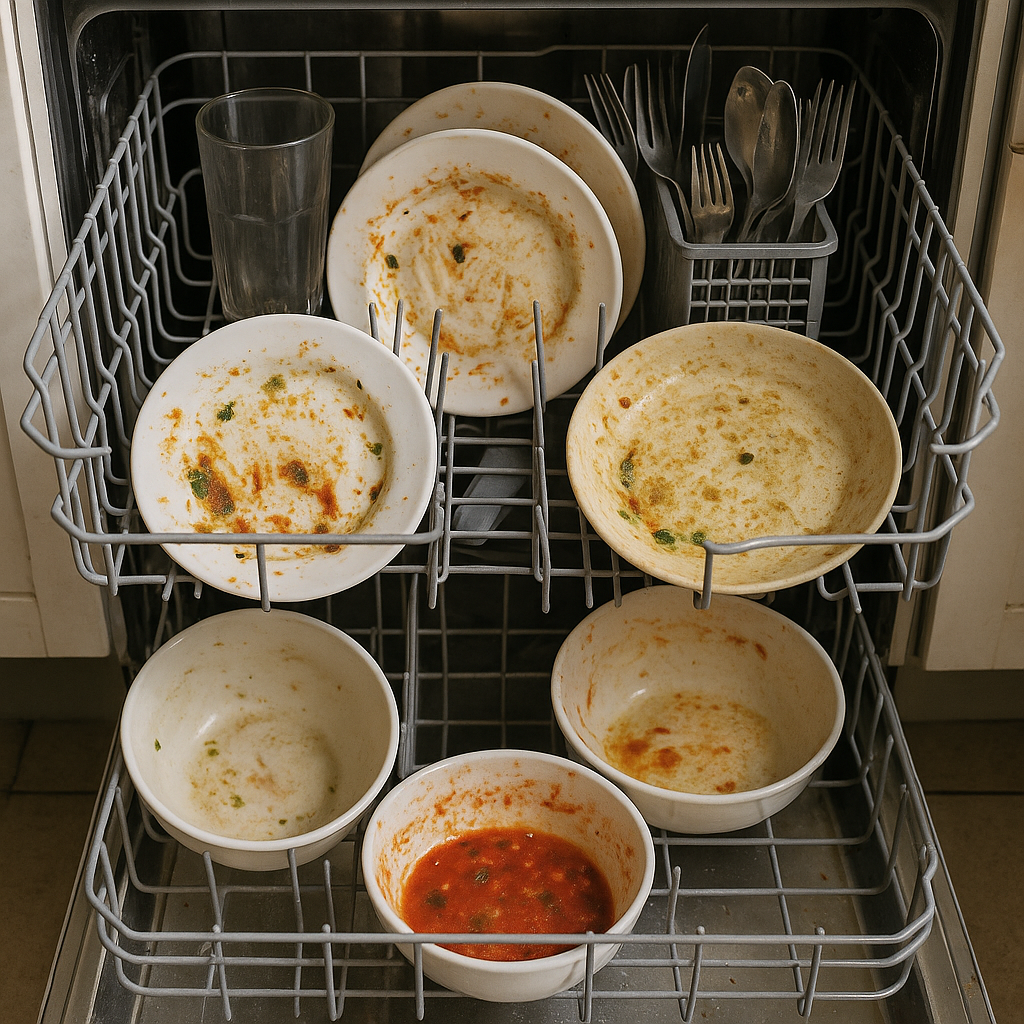 Dishes loaded in dishwasher with food residue - no pre-rinsing required
