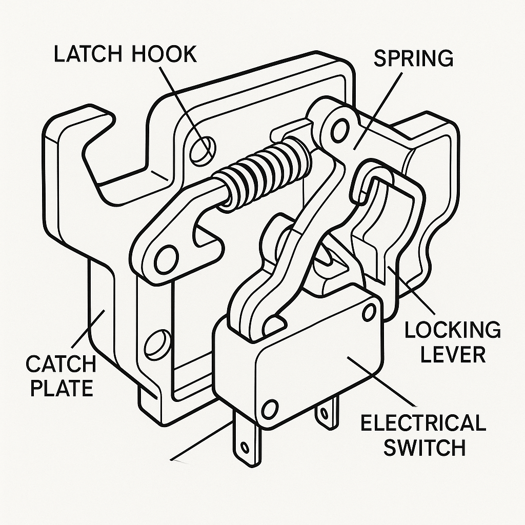 Schematic of dishwasher door latch mechanism