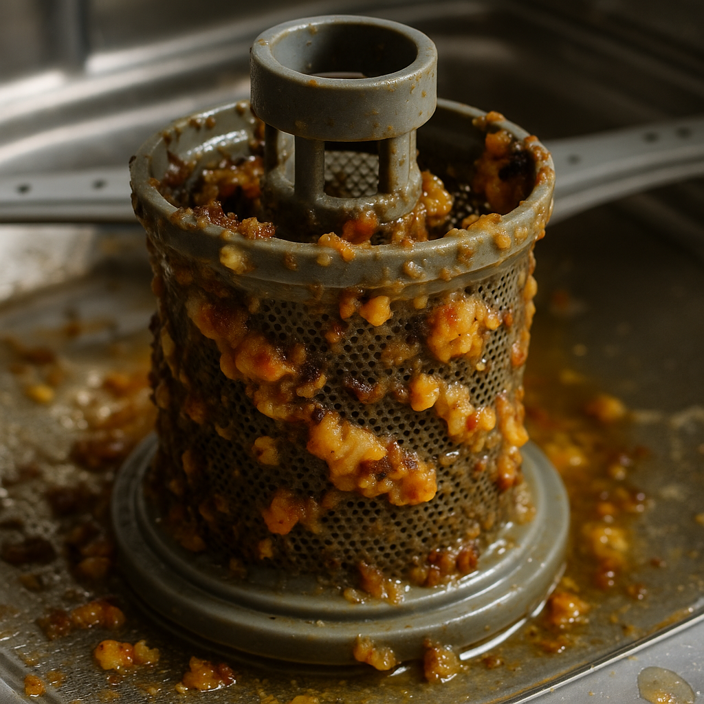 Dishwasher filter showing typical food debris