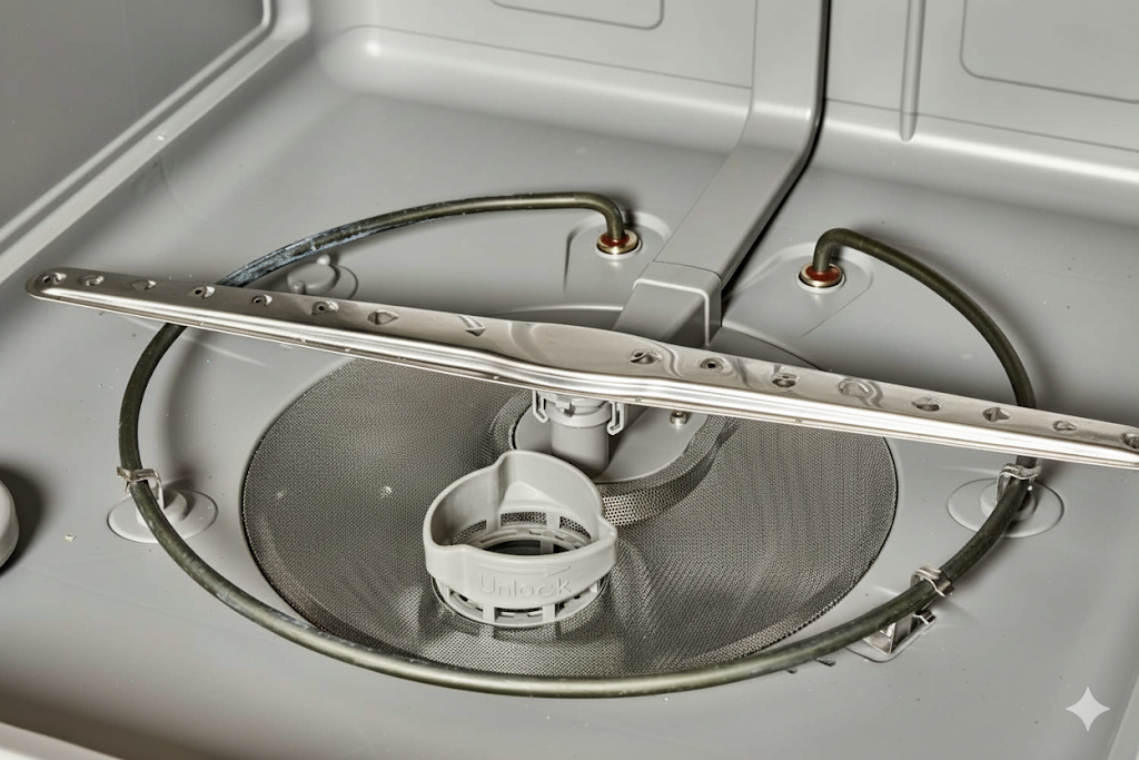 Inside view of a dishwasher's bottom and spray arm showing areas to focus on when deep cleaning with vinegar and bicarbonate of soda