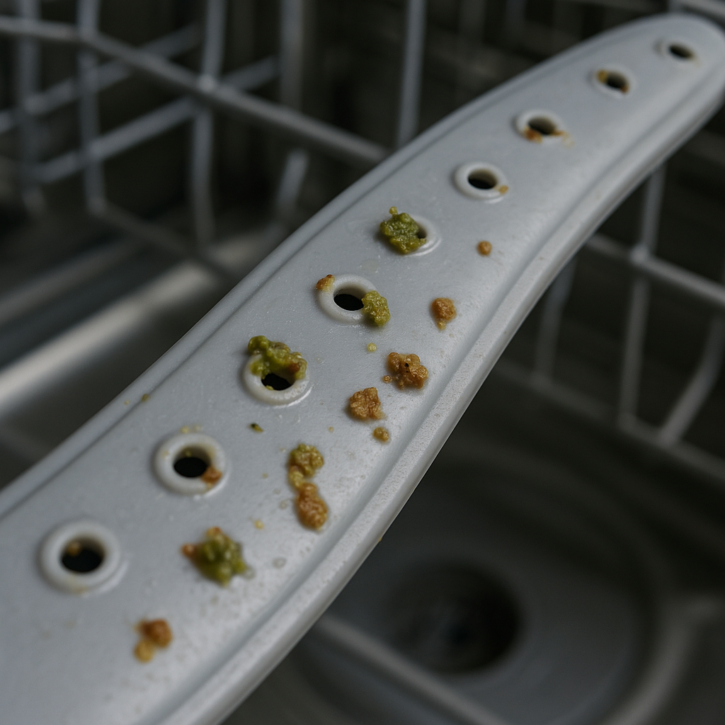 A dishwasher spray arm with blocked holes that need cleaning