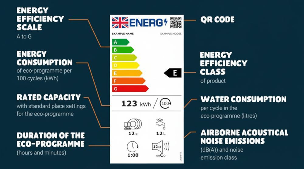 Dishwasher energy label showing efficiency ratings from A to G with water consumption and noise levels (Source: LEAP)