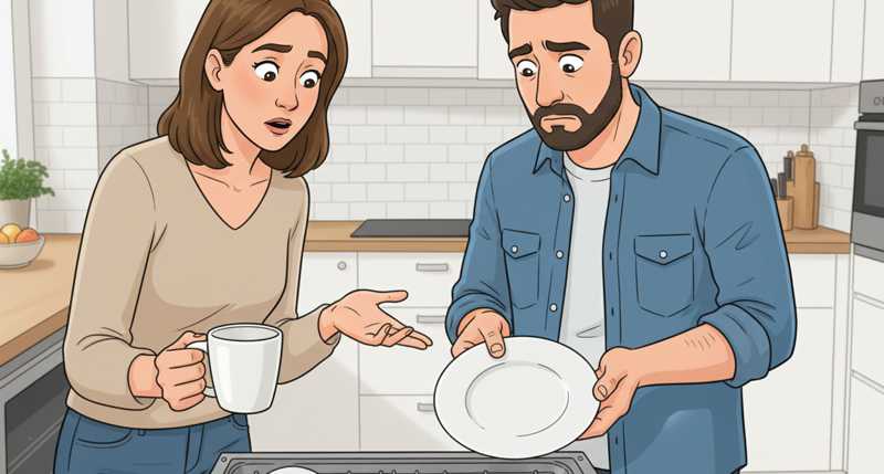 Family discovering dishwasher tablet hasn't properly dissolved, leaving residue on clean dishes