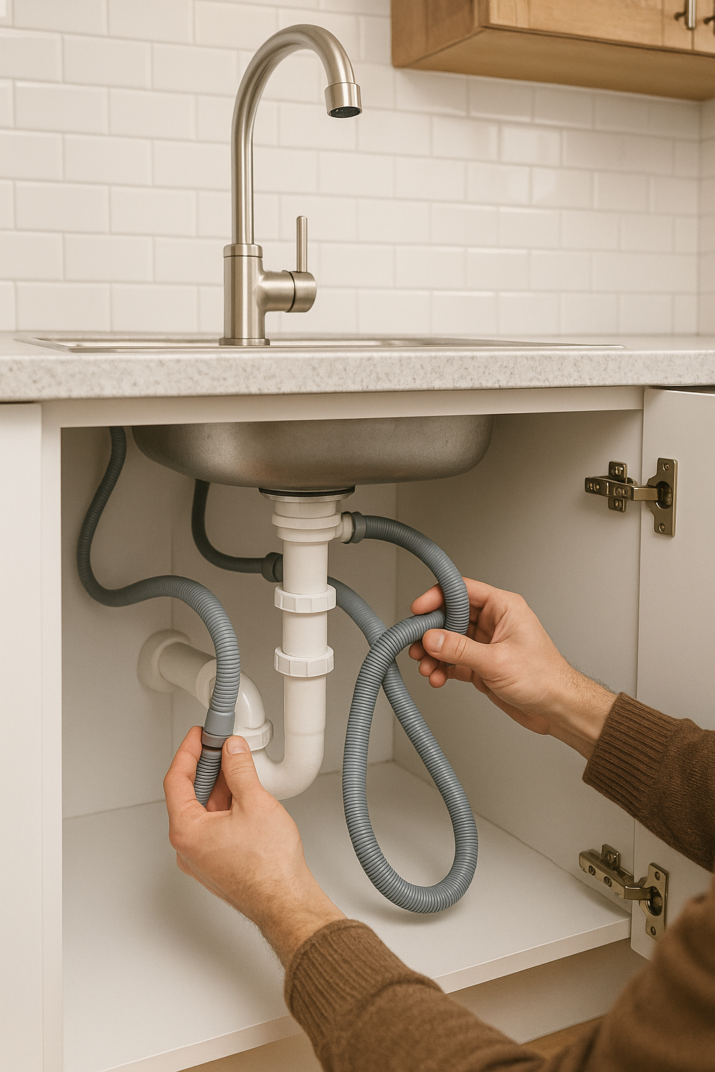 Person inspecting dishwasher hoses under sink