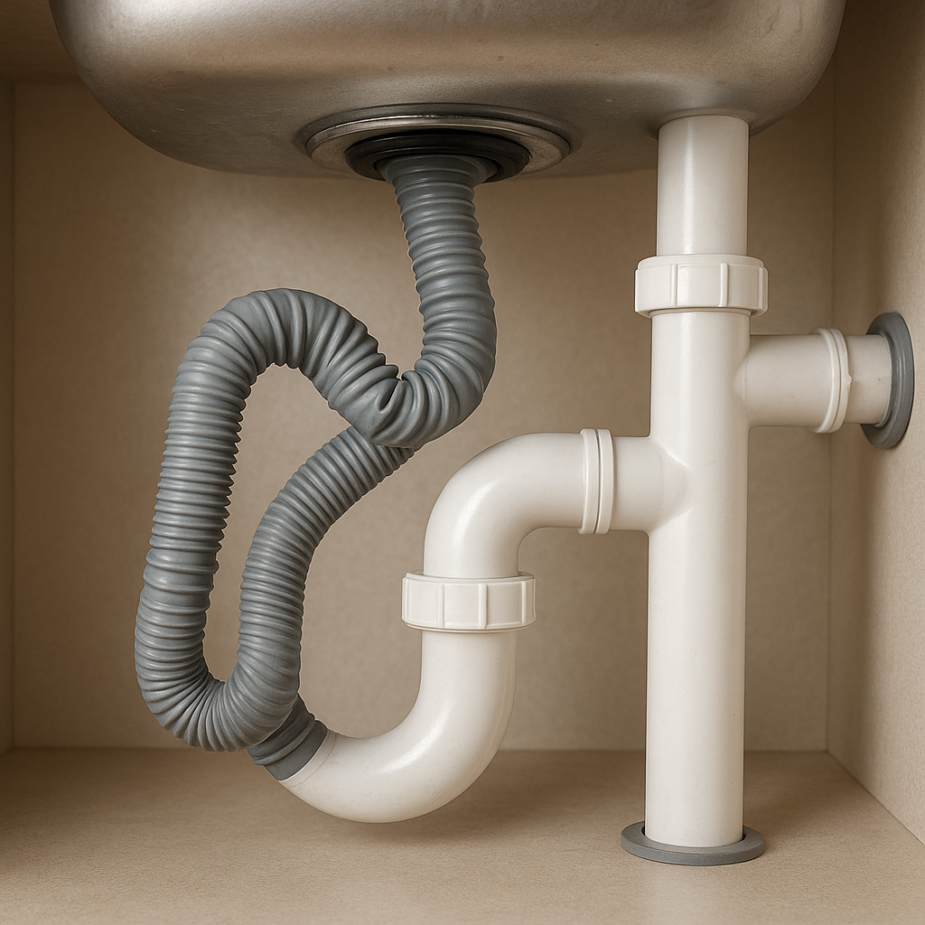 Kinked drain hose underneath a kitchen sink