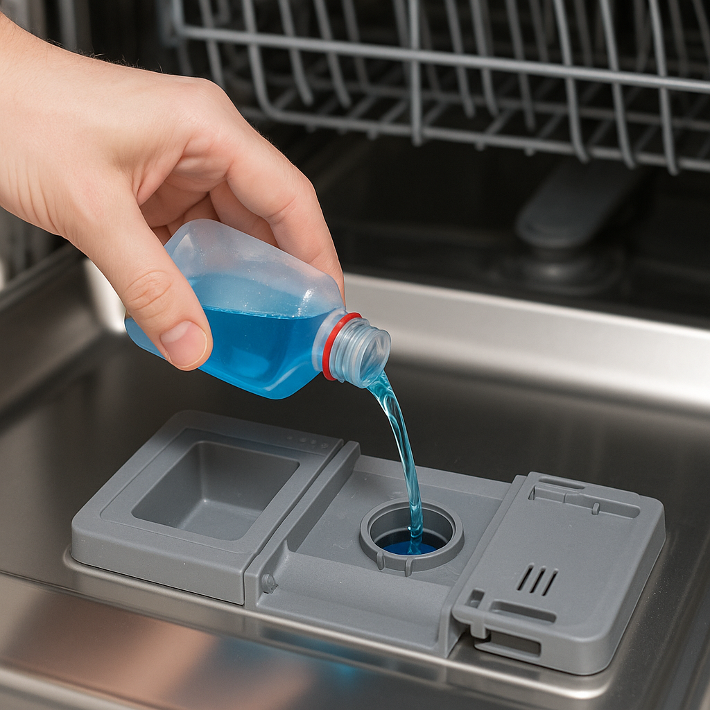 Pour rinse aid into the dedicated dispenser before each cycle.
