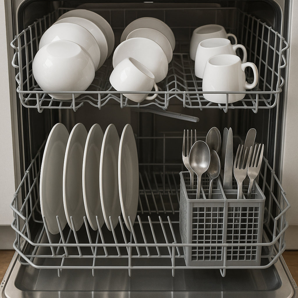 A properly loaded dishwasher demonstrating optimal dish placement for effective cleaning