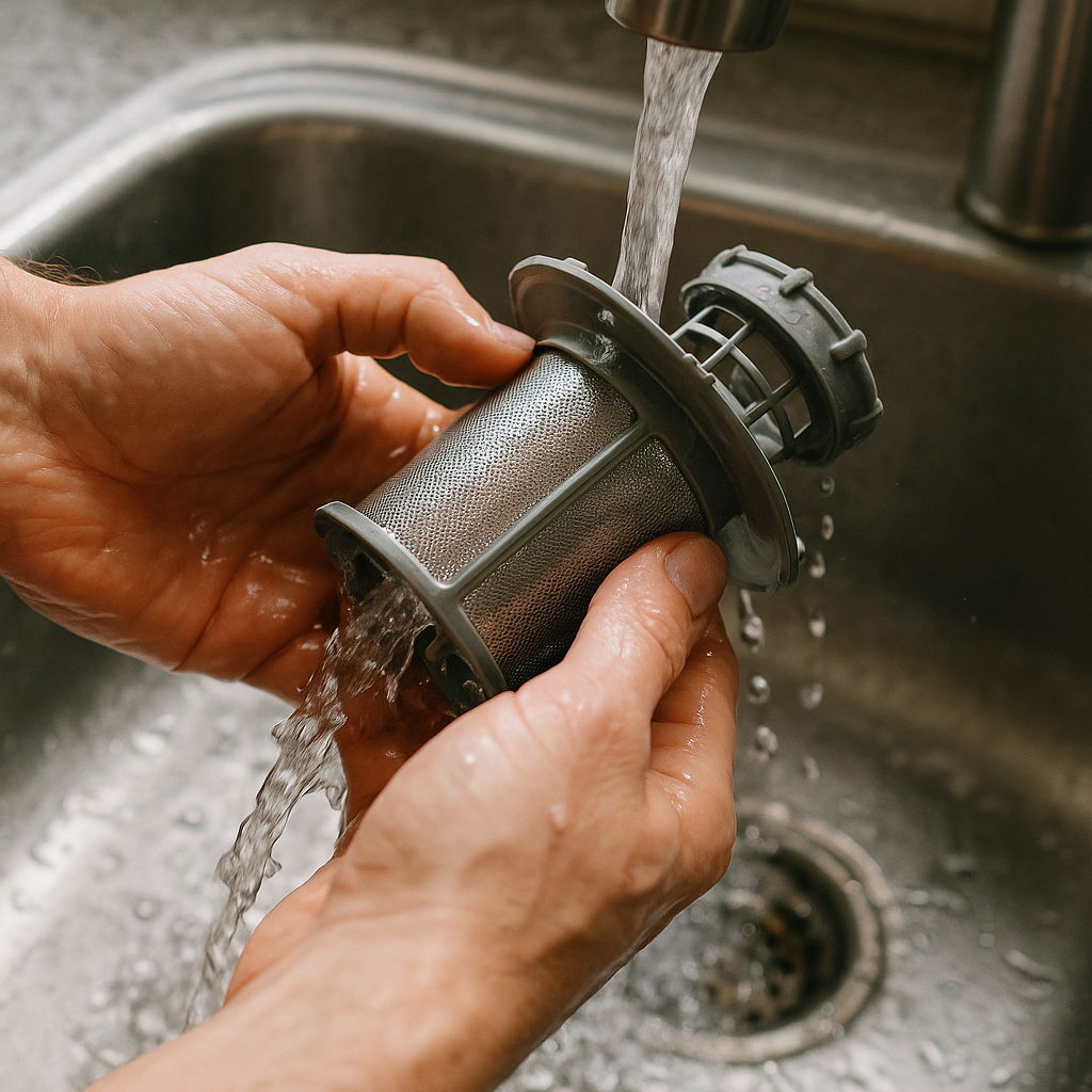 Rinsing the filter: cleaning away debris under the tap.