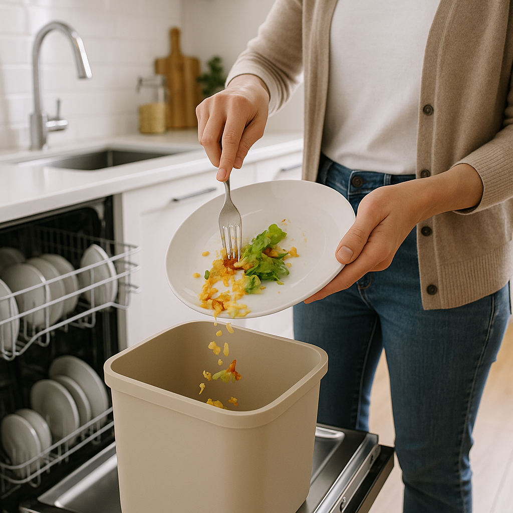 Scraping food waste into the bin - the only preparation needed before dishwashing