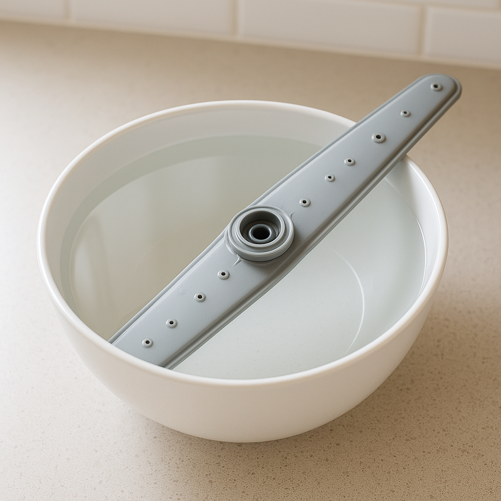 Soaking spray arm in a bowl of vinegar