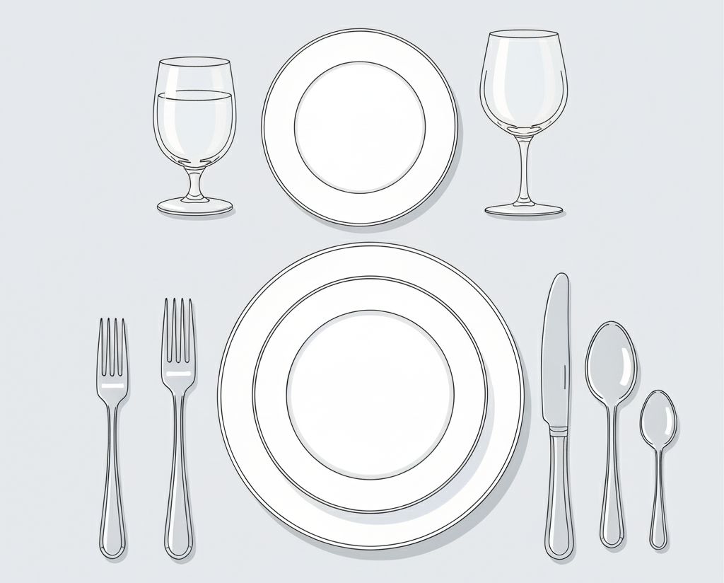 Diagram showing the components of a place setting including plates, cutlery and glassware with labels