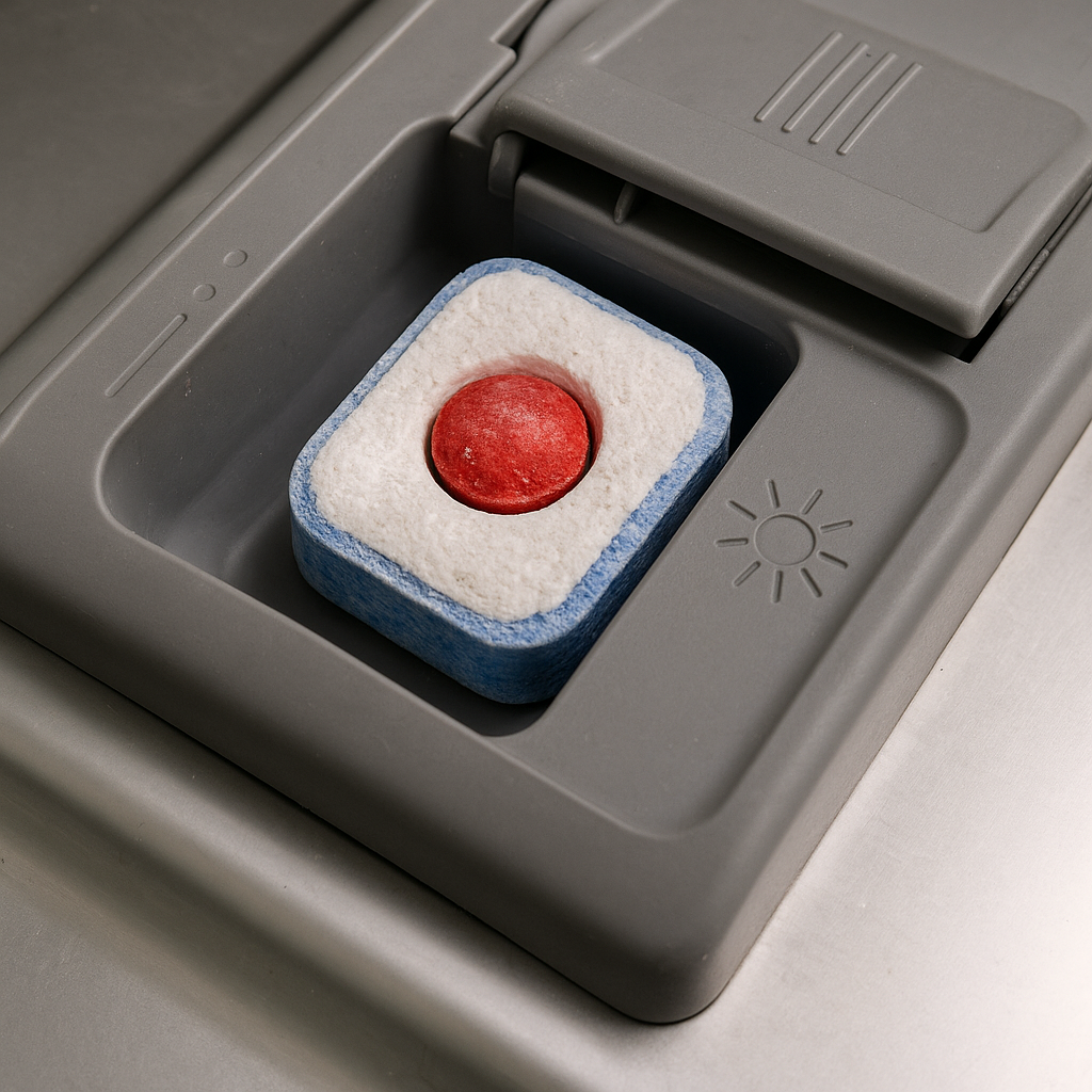 An undissolved dishwasher tablet stuck in the detergent compartment