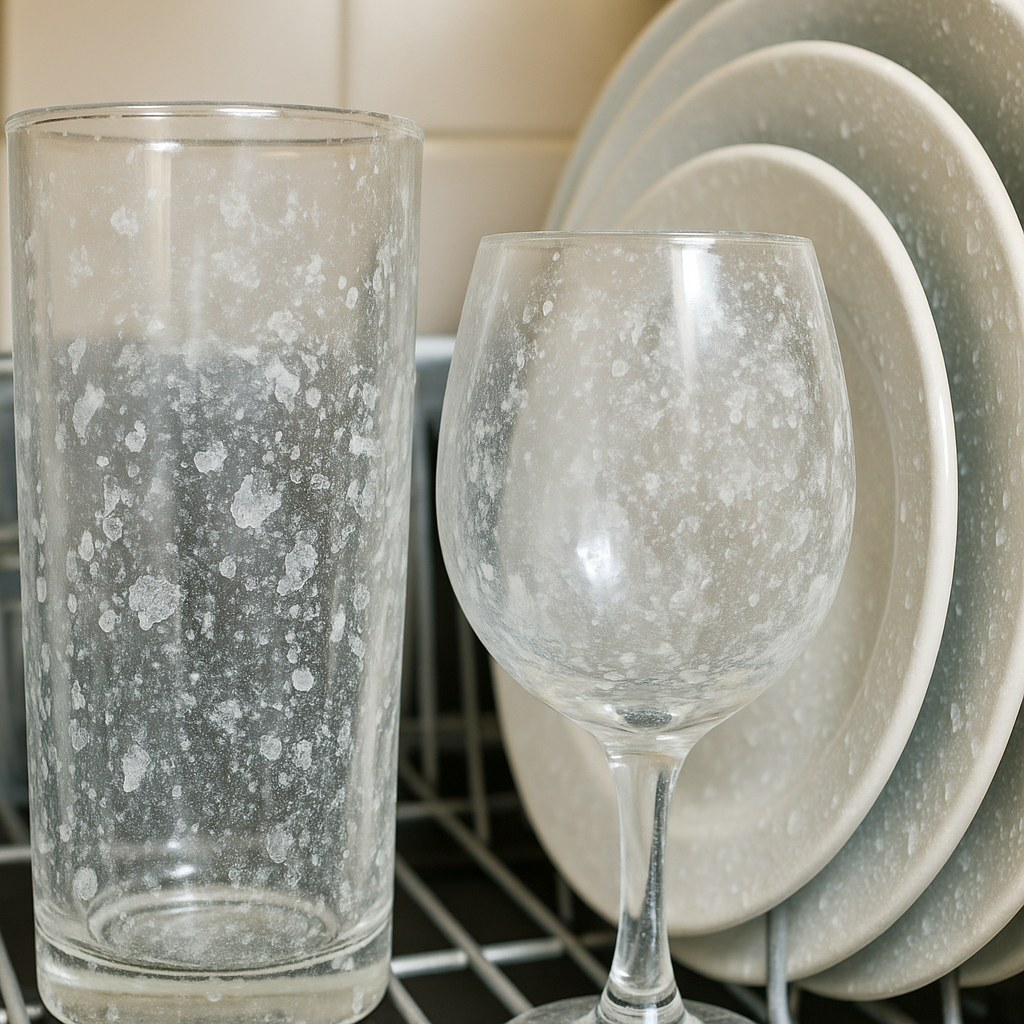 White residue and spots on clean dishes from hard water minerals